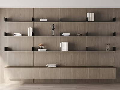 Modern Wall Mounted Bookshelf With Light Wood Black Brackets Multiple Shelves Books And Decorative Items 3d model