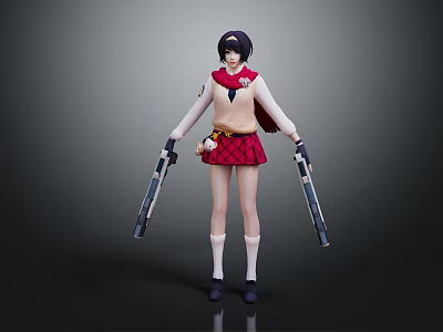 Game Movie Character With Short Black Hair Red Scarf Red Plaid Skirt And Dual Guns 3d model