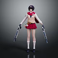 Game Movie Character With Short Black Hair Red Scarf Red Plaid Skirt And Dual Guns