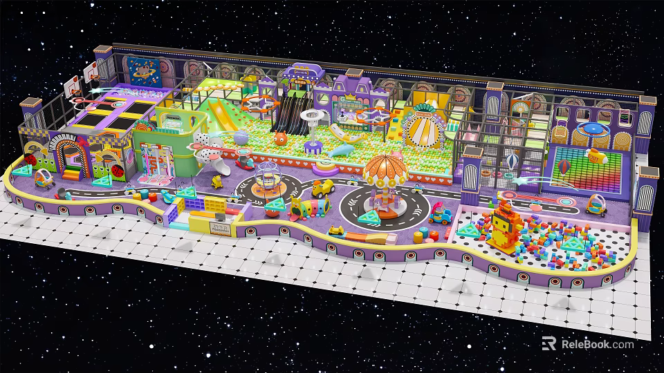 Kids Playground With Colorful Play Structures Ball Pit Carousel Slide And Climbing Area 3d model 