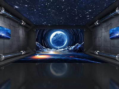 Futuristic Space Themed Tunnel Room With Starry Ceiling Blue Planet And Screens 3d model