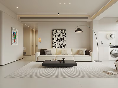 Modern Minimalist Living Dining Room With White Sofa Black Coffee Table Geometric Wall Art 3d model