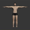 Fit Shirtless Man Standing With Arms Outstretched In Black Shorts Against Gray Background