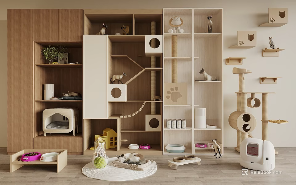 Wooden Multi Level Cat Tree With Condo Scratching Posts And Feeding Bowls Indoor 3d model 