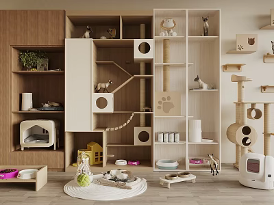 Wooden Multi Level Cat Tree With Condo Scratching Posts And Feeding Bowls Indoor 3d model