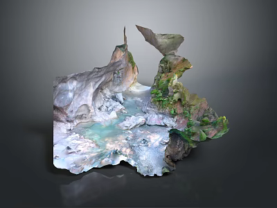 Cartoon Fantasy Landscape Scene With Rock Formations Water Area Green Plants And Floating Structure 3d model