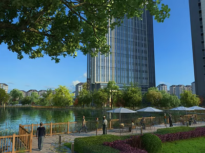 Urban Park Landscape With Lake View Wooden Walkway Green Trees And High Rise Buildings 3d model