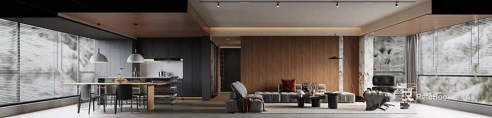 Modern Living and Dining Area Interior with Wooden Wall Gray Sofa Throw Pillows and Rug 3d model 
