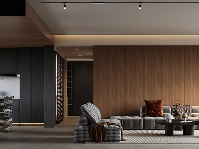 Modern Living and Dining Area Interior with Wooden Wall Gray Sofa Throw Pillows and Rug 3d model