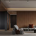 Modern Living and Dining Area Interior with Wooden Wall Gray Sofa Throw Pillows and Rug