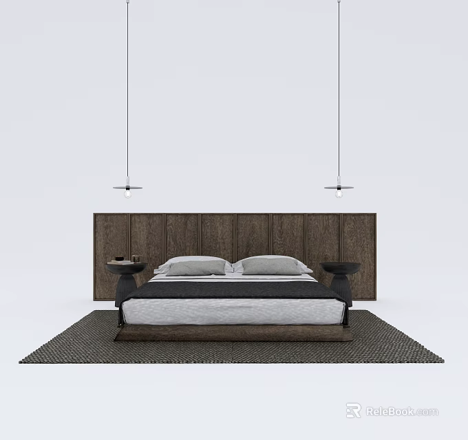 Modern Double Bed with Upholstered Wooden Headboard and Nightstands Under Pendant Lights on Area Rug 3d model 