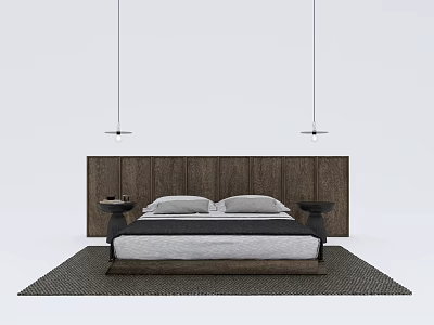 Modern Double Bed with Upholstered Wooden Headboard and Nightstands Under Pendant Lights on Area Rug 3d model