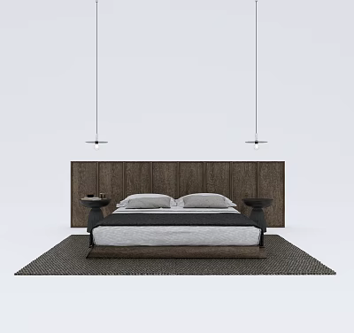 Modern Double Bed with Upholstered Wooden Headboard and Nightstands Under Pendant Lights on Area Rug 3d model
