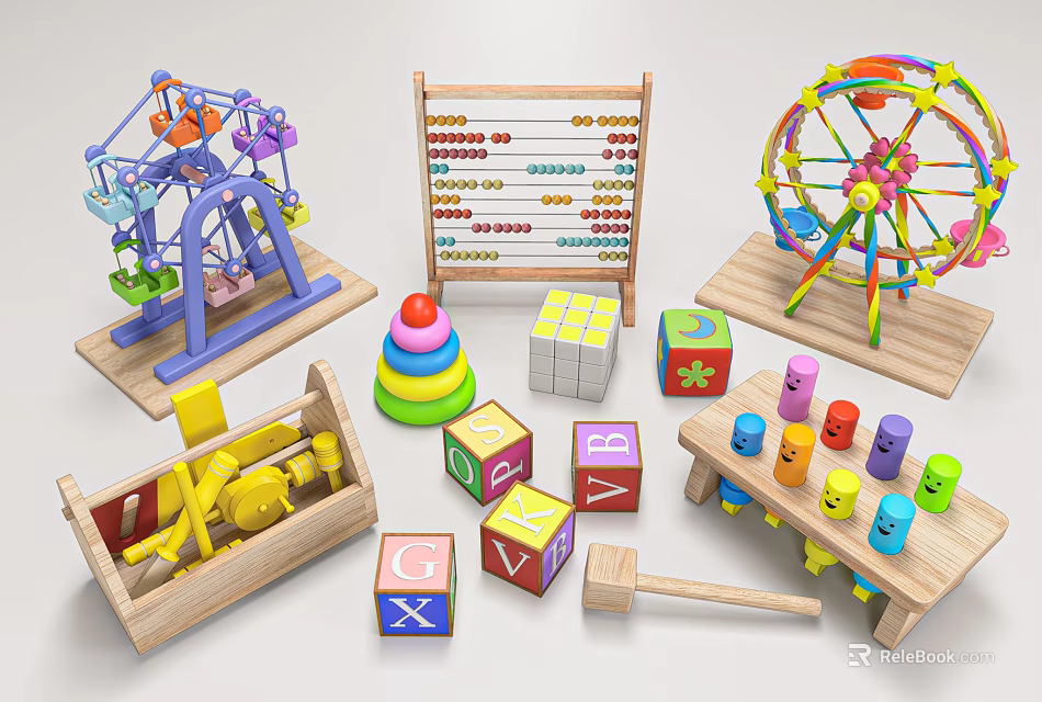 Colorful Wooden Toys Collection Featuring Ferris Wheel Carousel Abacus And Building Blocks For Kids 3d model 