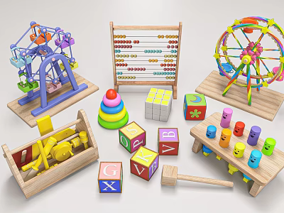 Colorful Wooden Toys Collection Featuring Ferris Wheel Carousel Abacus And Building Blocks For Kids 3d model