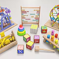 Colorful Wooden Toys Collection Featuring Ferris Wheel Carousel Abacus And Building Blocks For Kids