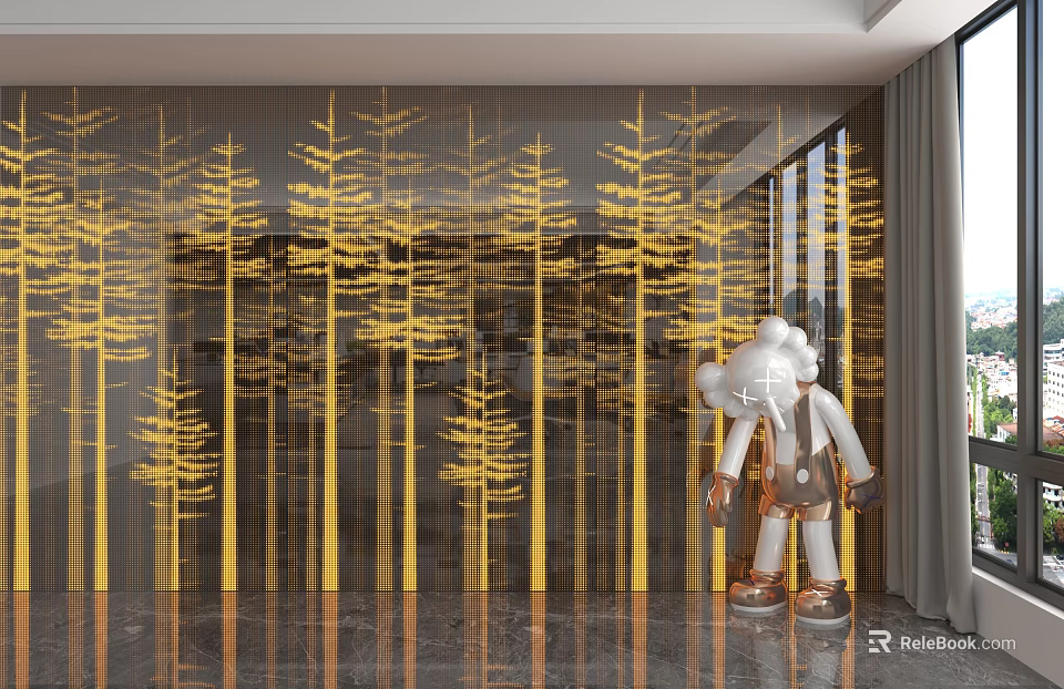 Modern Interior Wall Panel Featuring Golden Tree Pattern And Mirrored Surface With White Art Figure 3d model 
