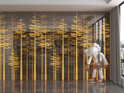 Modern Interior Wall Panel Featuring Golden Tree Pattern And Mirrored Surface With White Art Figure 3d model