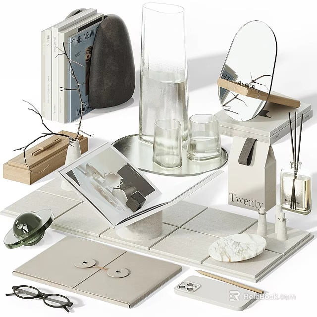 Decorative Ornament Set With Glassware Mirror Books Scented Diffuser Marble And Wooden Accents 3d model 