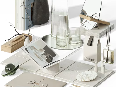 Decorative Ornament Set With Glassware Mirror Books Scented Diffuser Marble And Wooden Accents 3d model