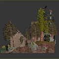 Miniature Rural Landscape Model With Small House Straw Stacks Trees Pond And Wooden Bridge