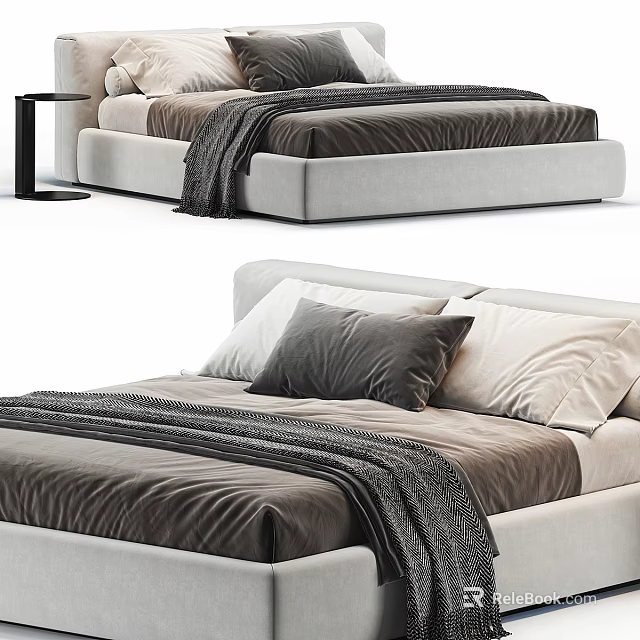 Modern Bed Interior With Soft Pillows Gray Blanket And Side Table 3d model 