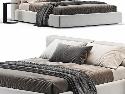 Modern Bed Interior With Soft Pillows Gray Blanket And Side Table 3d model