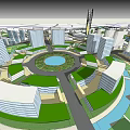 Modern Aerial City Planning Featuring Circular Central Square High Rise Buildings Green Spaces And Roads