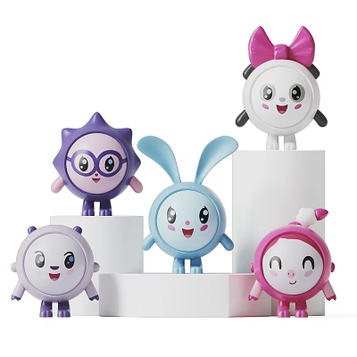 Cute Colorful Dolls with Smiling Faces and Various Designs on White Platforms 3d model