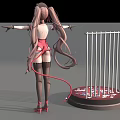 Anime Game Character With Pink Twin Tails Red Bodysuit Black Thigh High Socks And Metal Cage