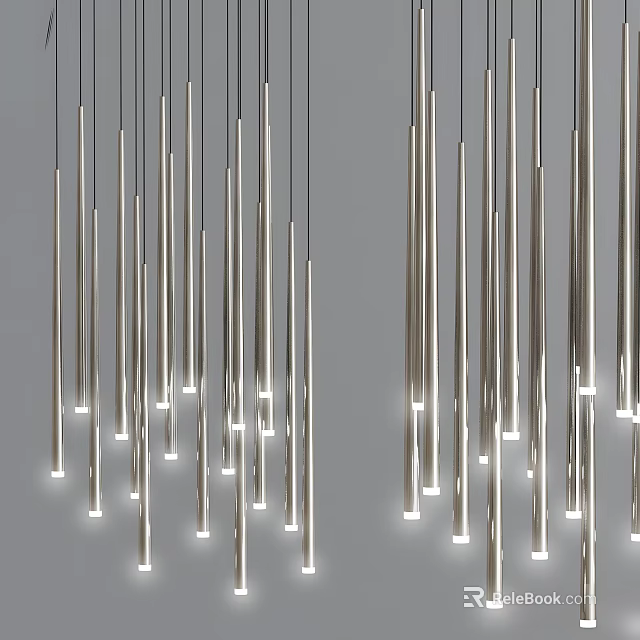 Modern Silver Slender Vertically Arranged Multiple Chandeliers With Bright Illuminated Lighting 3d model 