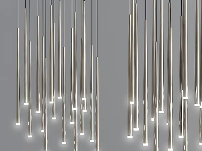 Modern Silver Slender Vertically Arranged Multiple Chandeliers With Bright Illuminated Lighting 3d model