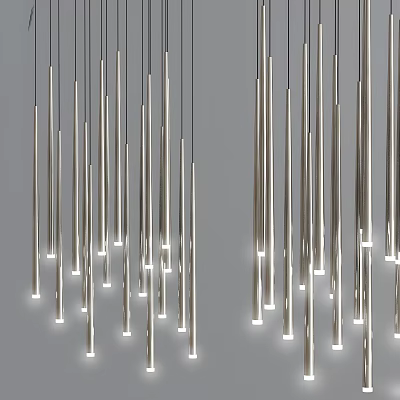 Modern Silver Slender Vertically Arranged Multiple Chandeliers With Bright Illuminated Lighting 3d model