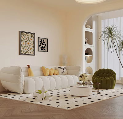 White Sectional Sofa With Yellow Cushions Green Armchair Round Coffee Table And Geometric Rug 3d model