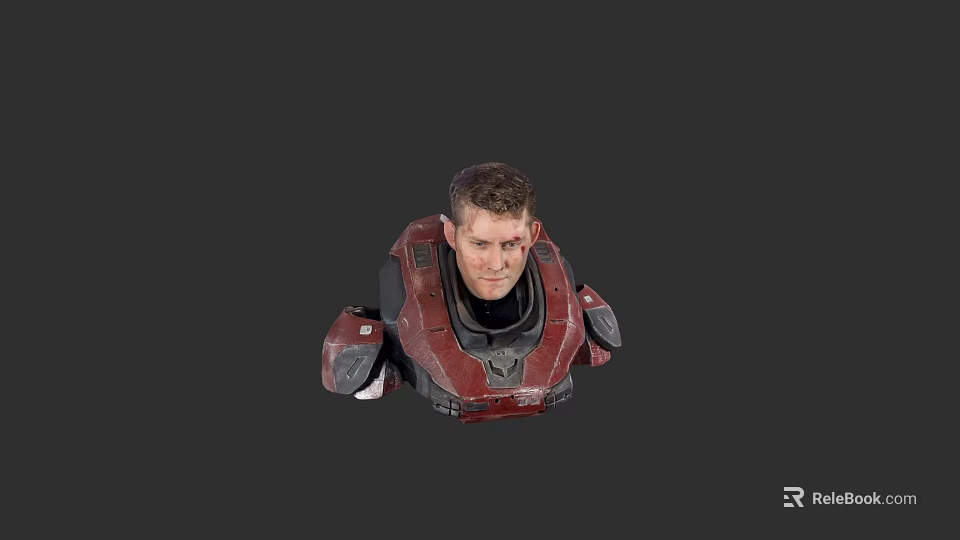 Detailed Game Movie Male Character With Red Worn Armor And Dark Background 3d model 