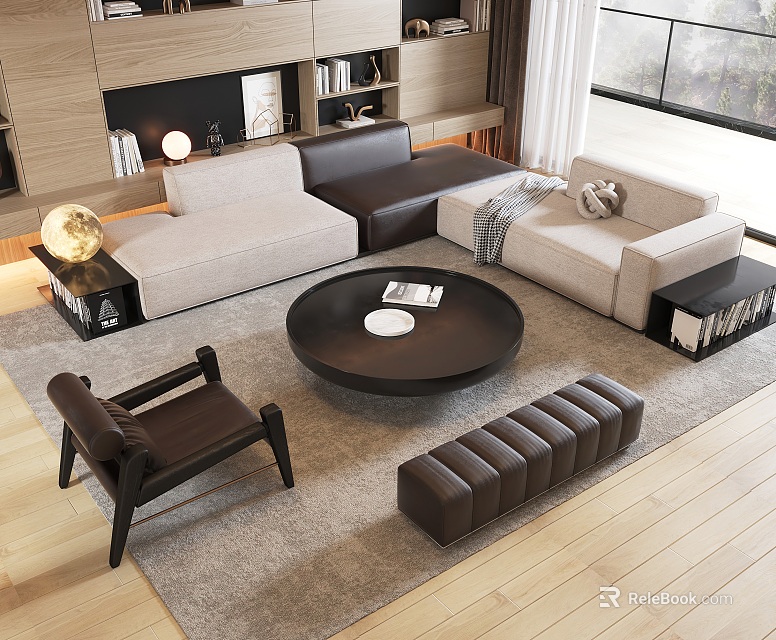 Light Gray Dark Brown Sofa Coffee Table Set With Round Table Armchair And Ottoman In Living Room 3d model 