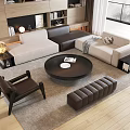 Light Gray Dark Brown Sofa Coffee Table Set With Round Table Armchair And Ottoman In Living Room