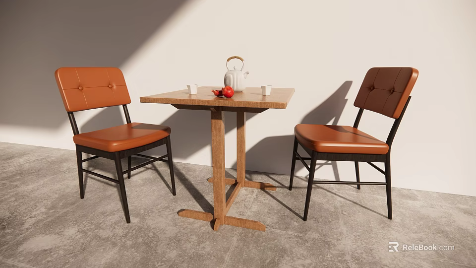 Brown Leather Leisure Chairs with Wooden Table White Kettle Cups and Red Fruits in Modern Setting 3d model 