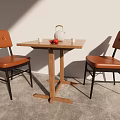 Brown Leather Leisure Chairs with Wooden Table White Kettle Cups and Red Fruits in Modern Setting