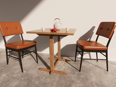 Brown Leather Leisure Chairs with Wooden Table White Kettle Cups and Red Fruits in Modern Setting 3d model