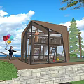 Outdoor Children's Play Area With Wooden Structure Slide And Platform For Kids