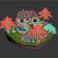 Cartoon Scene Featuring Small House With Thatched Roof Garden Flowers Trees and Stone Path