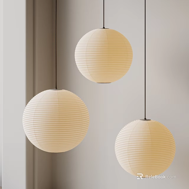 Three Spherical Paper Pendant Lights With Striped Texture Hanging In Minimalist Interior 3d model 