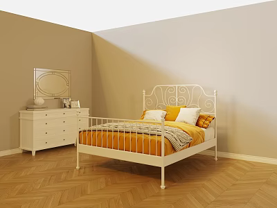 Double Bed With White Metal Frame Yellow Sheet Dresser Mirror And Wooden Herringbone Floor 3d model