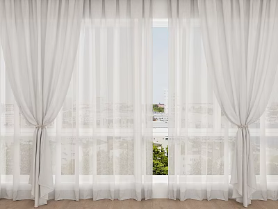 Sheer White Flowing Curtains With Tiebacks Enhancing Modern Room With City View And Greenery 3d model