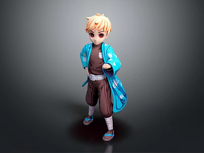 Cute Blonde Cartoon Character Wearing Blue Kimono Coat And Brown Clothes On Dark Background 3d model