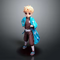 Cute Blonde Cartoon Character Wearing Blue Kimono Coat And Brown Clothes On Dark Background