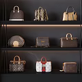 Stylish Handbags Displayed on Black Shelves with Various Designs and Classic Patterns