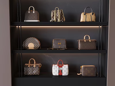 Stylish Handbags Displayed on Black Shelves with Various Designs and Classic Patterns 3d model