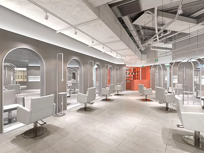 Modern Beauty Hair Salon Interior With White Salon Chairs Arched Mirrors Gray Walls Orange Accent 3d model